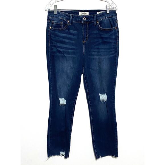 Jessica Simpson Jeans 30 Arrow Straight Ankle Distressed Rips Raw Hem Dark Wash - Picture 1 of 9
